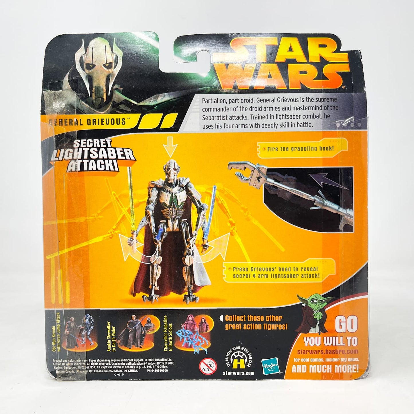 Vintage Hasbro Star Wars Mid MOC General Grievous with 4 Lightsabers, Grappling Hook and Launcher - Hasbro 2005 Revenge of the Sith