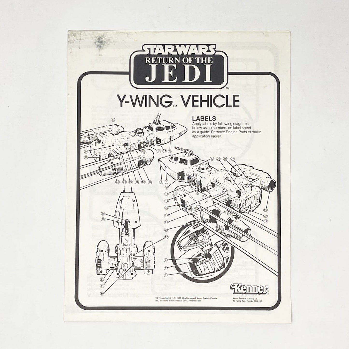 Vintage Kenner Star Wars Paper ROTJ Y-Wing Instructions