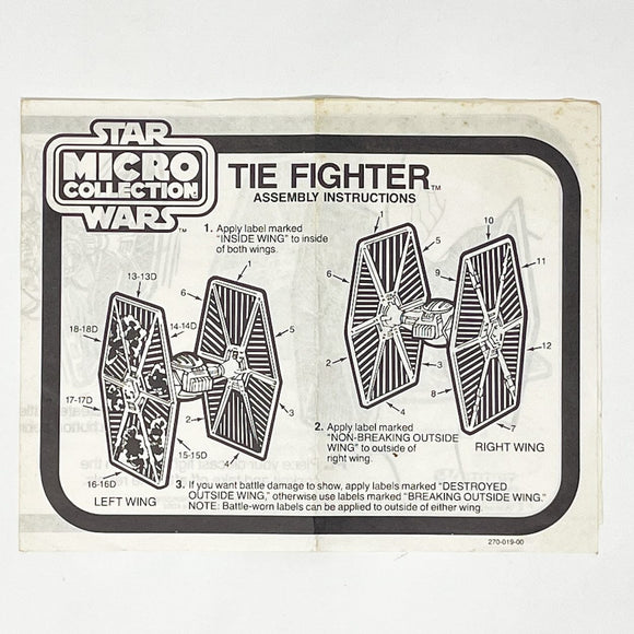 Vintage Kenner Star Wars Paper ESB Micro Collection TIE Fighter Instructions