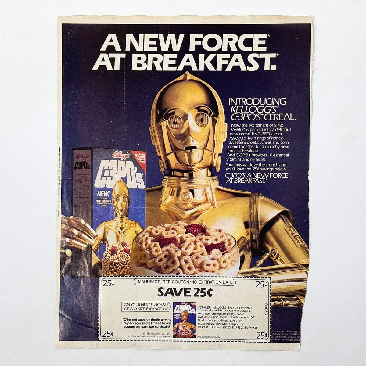 C3PO's Cereal Print Ad with Coupon USA (1984) Vintage Star Wars 4th Moon Toys