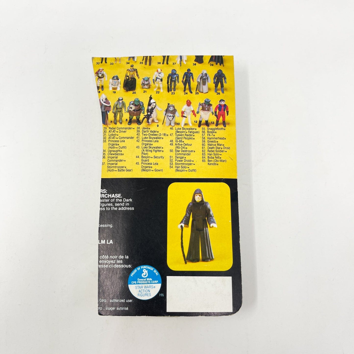 Vintage Kenner Star Wars Toy Prune Face Cut Card - ROTJ 65B-back Canadian