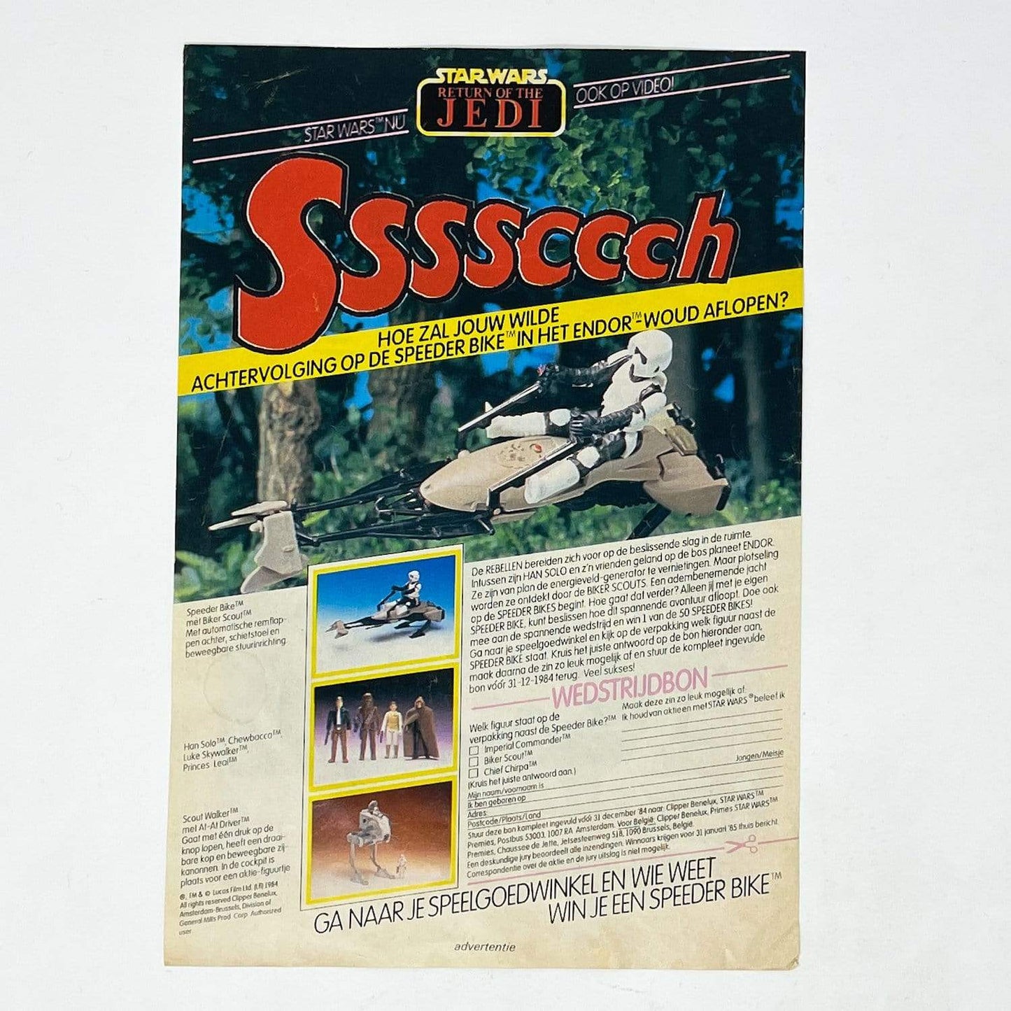 Vintage Meccano Star Wars Ads Clipper ROTJ Speeder Bike Print Ad - Belgium (1984)