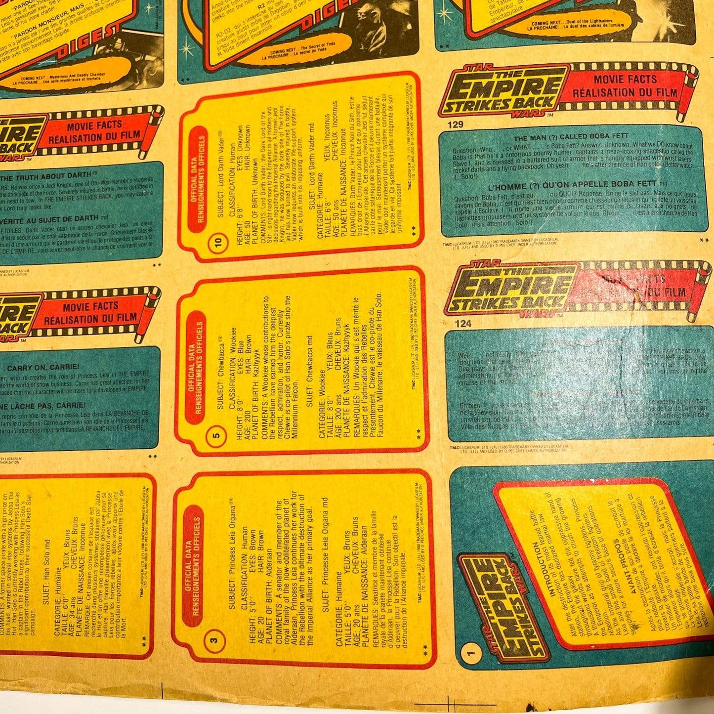 Vintage O-Pee-Chee Star Wars Trading Cards O-Pee-Chee Empire Strikes Back Series 1 - Uncut Sheet