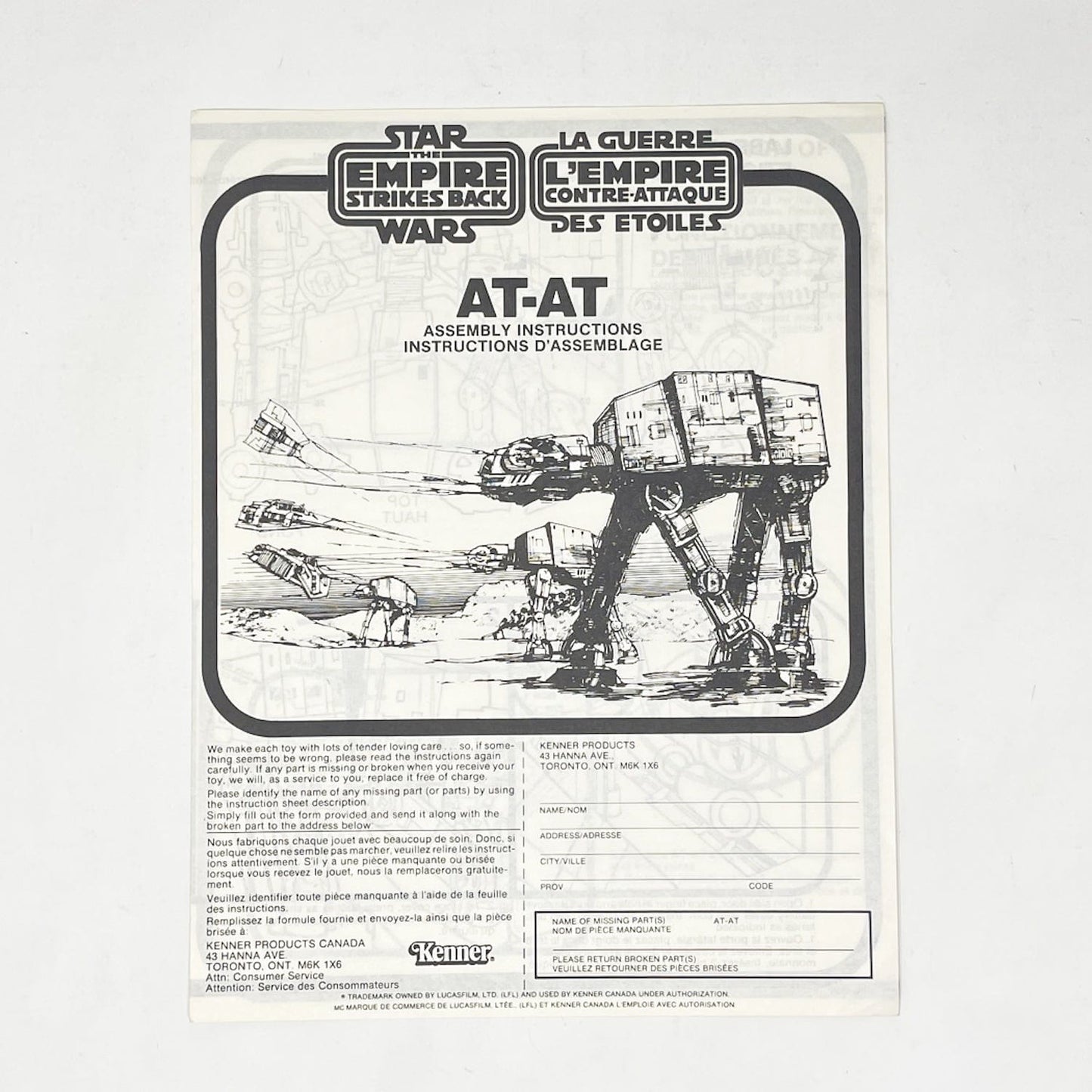 Vintage Kenner Star Wars Paper ESB AT-AT Instructions - Kenner Canada