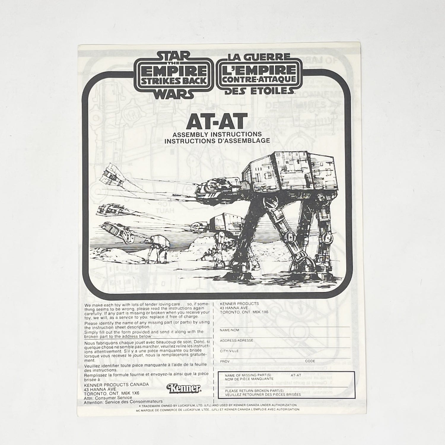 Vintage Kenner Star Wars Paper ESB AT-AT Instructions - Kenner Canada