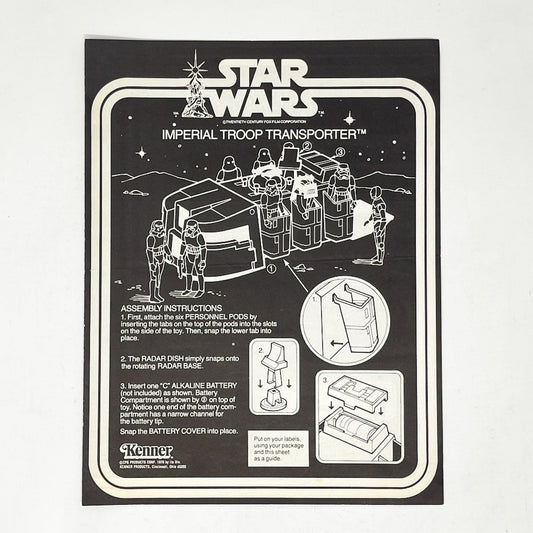 Vintage Kenner Star Wars Paper ESB Imperial Troop Transporter Instructions