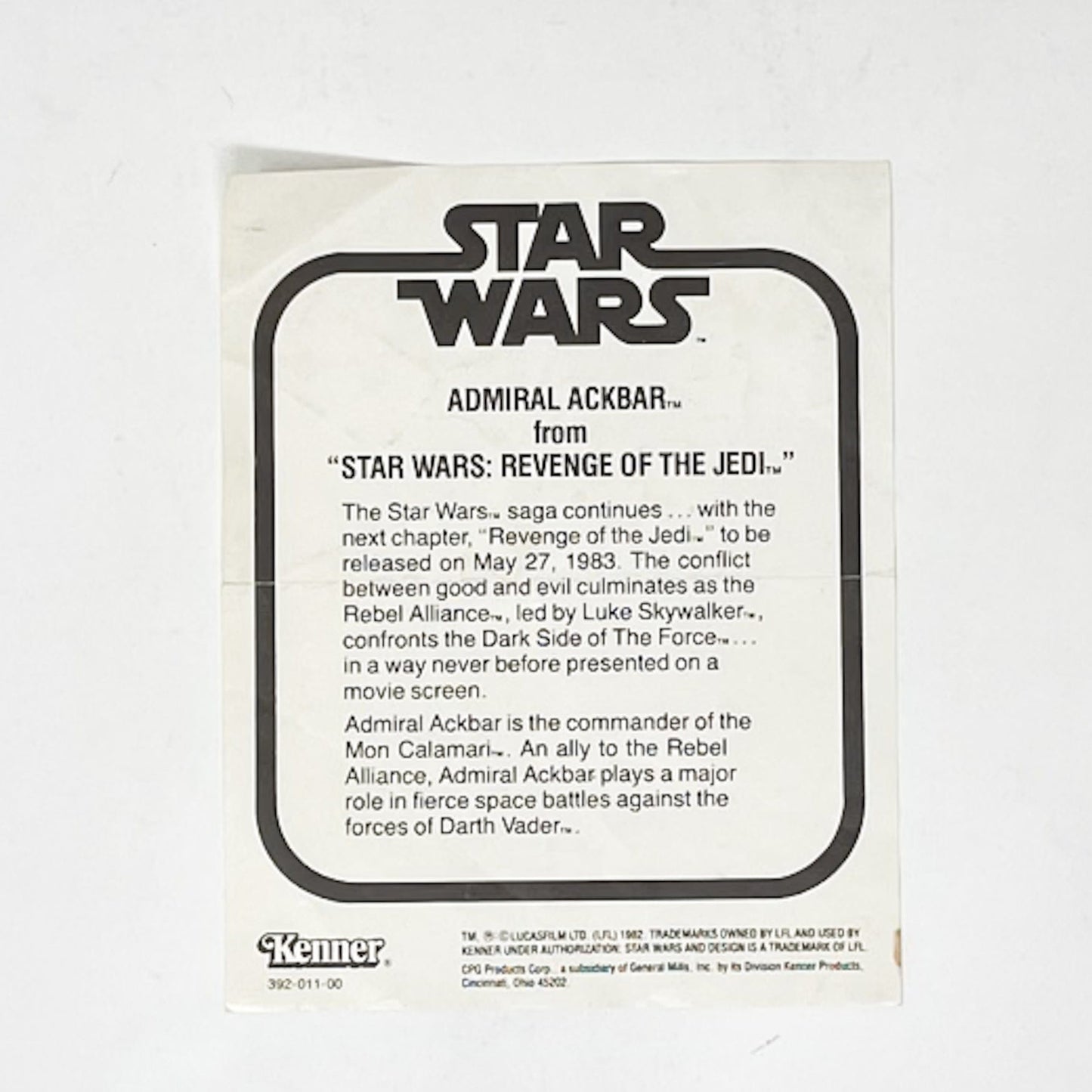 Vintage Kenner Star Wars Paper ROTJ Admiral Ackbar Kenner Mail-Away Insert