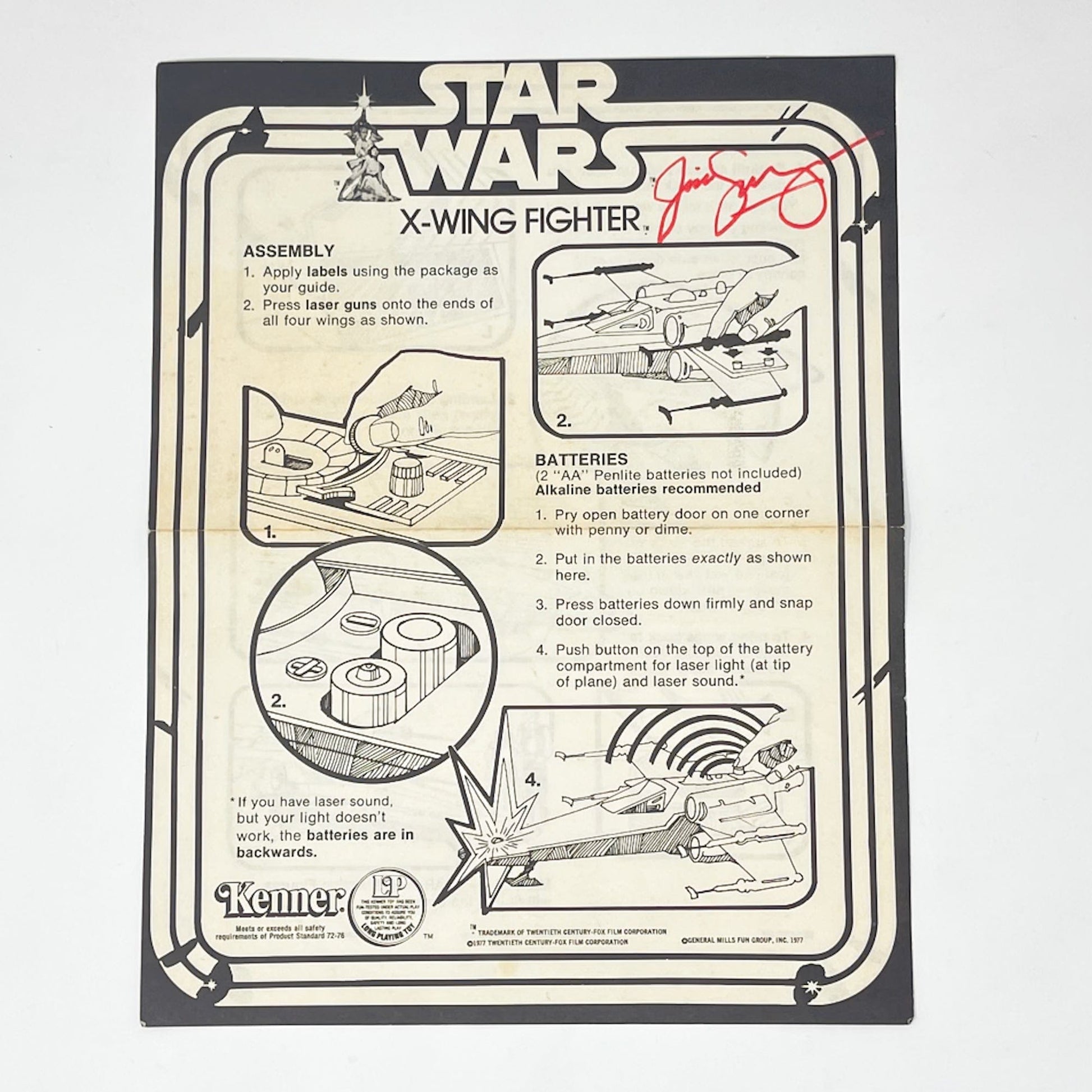 Vintage Kenner Star Wars Paper Swearingen Autographed X-Wing Instructions Kenner