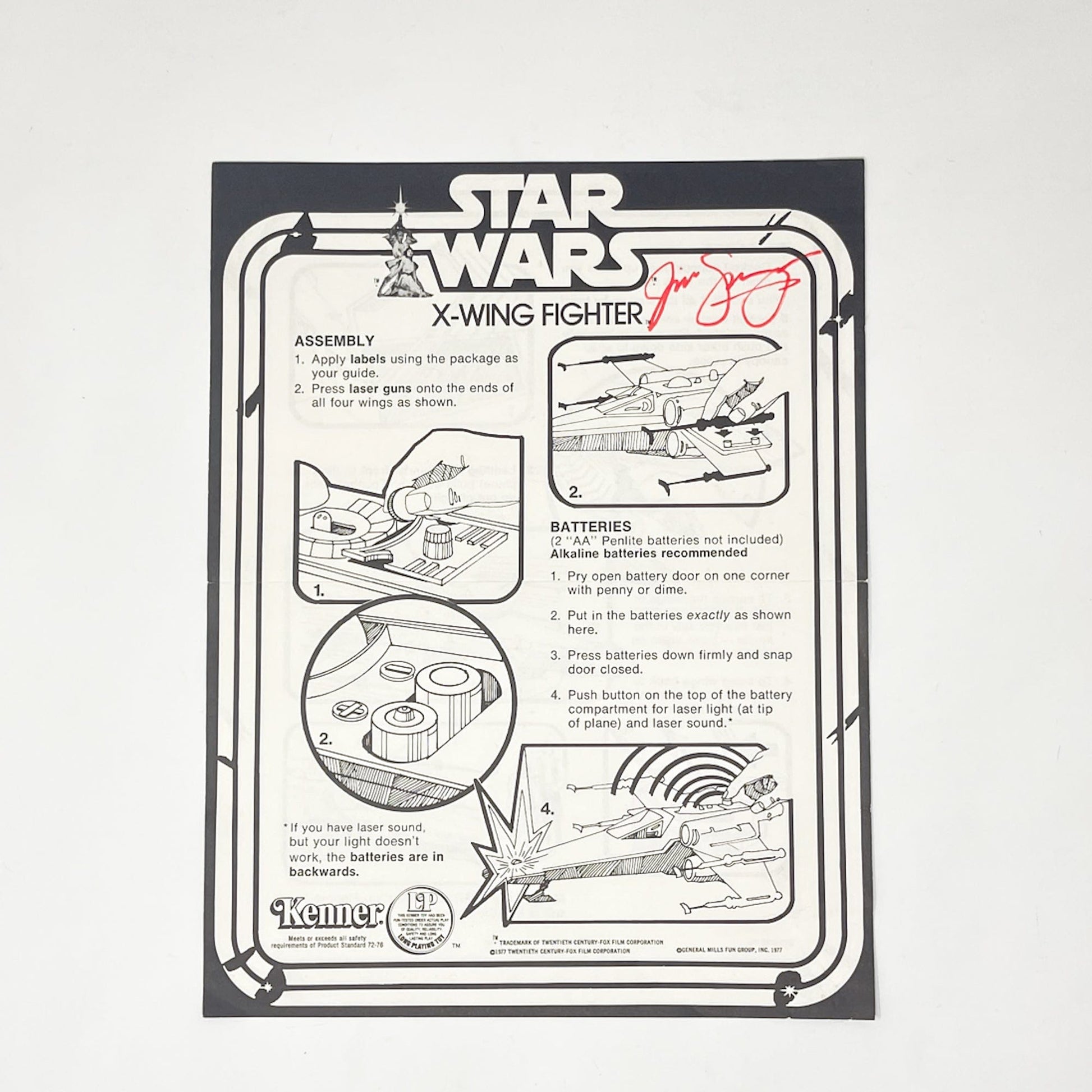 Vintage Kenner Star Wars Paper Swearingen Autographed X-Wing Instructions Kenner