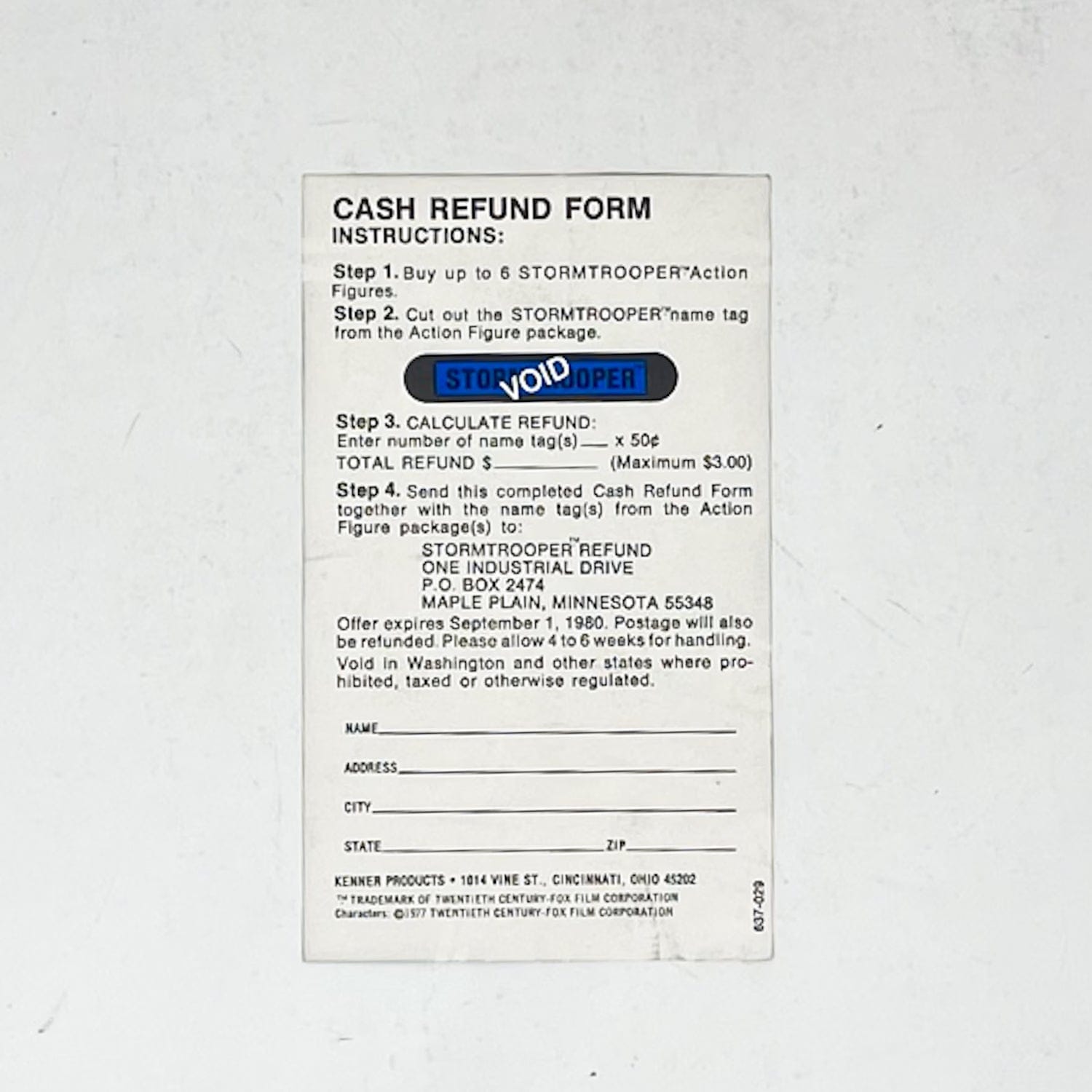 Vintage Kenner Star Wars Vintage Paper Kenner Stormtrooper Cash Refund Insert (1979)