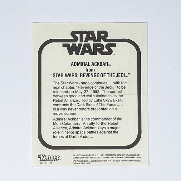 Vintage Kenner Star Wars Paper Admiral Ackbar Kenner Mail-Away Insert
