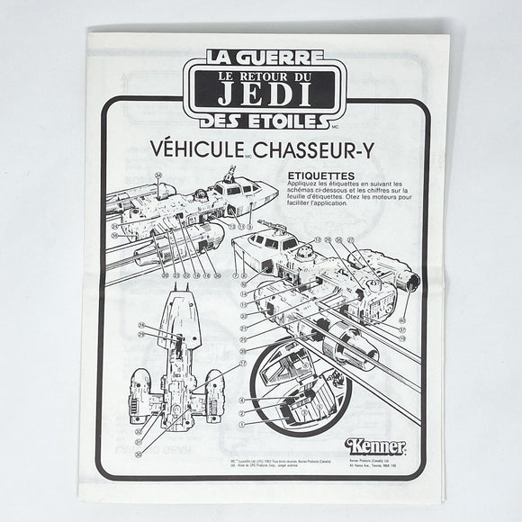 Vintage Kenner Star Wars Paper ROTJ Y-Wing Instructions - Kenner Canada