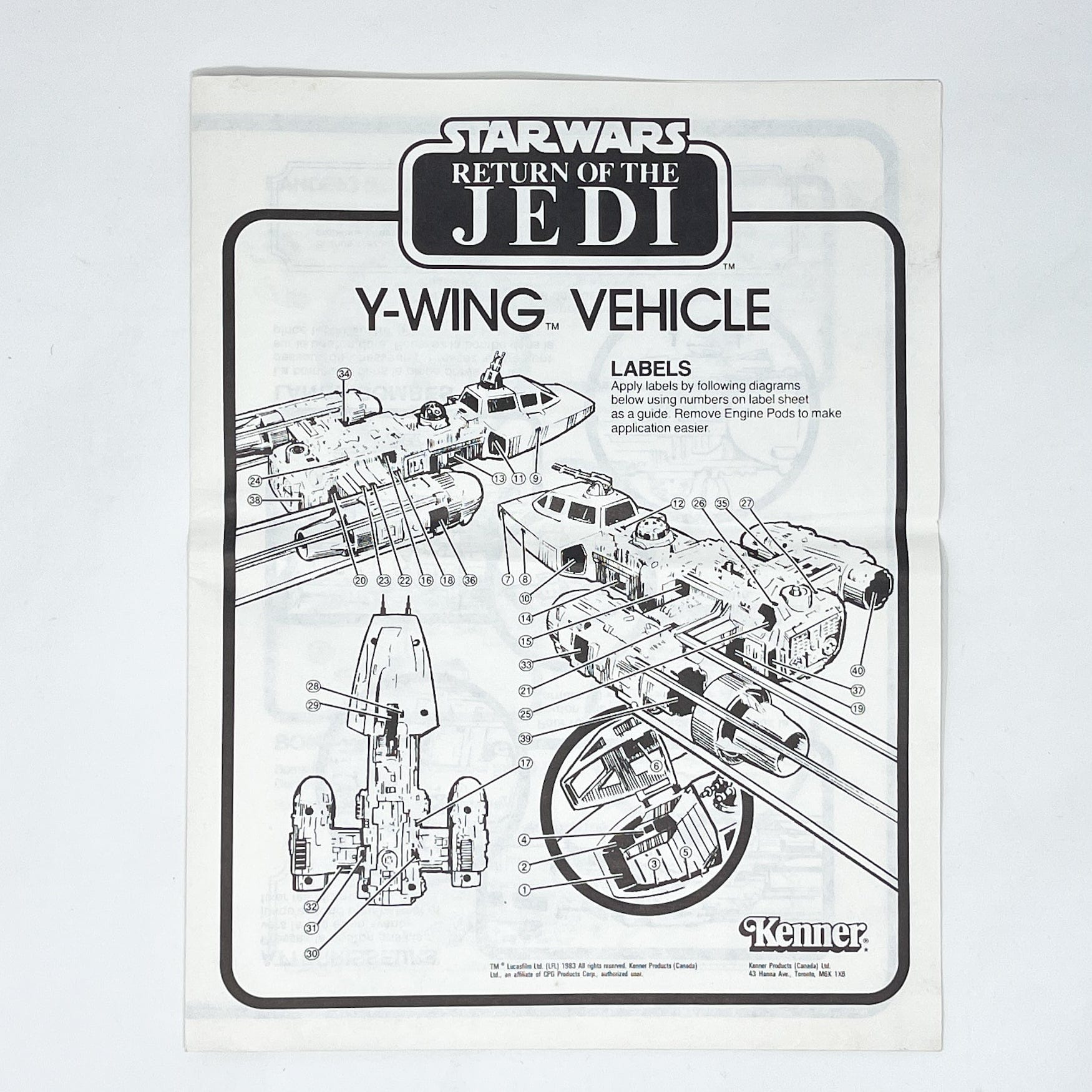 Vintage Kenner Star Wars Paper ROTJ Y-Wing Instructions - Kenner Canada