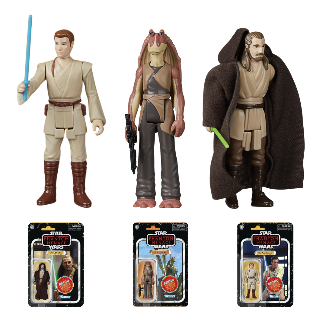 Bundle Deal: Qui-Gon - Jar Jar - Obi Wan (TPM) Set of 3 - 3.75" Hasbro Retro Collection