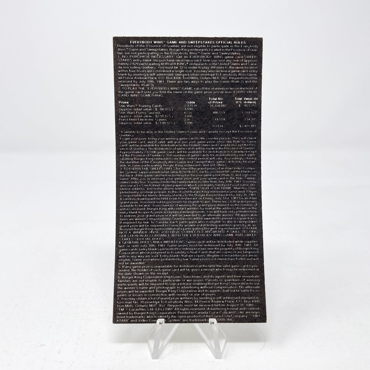 Vintage Burger King Star Wars Non-Toy Burger King CANADA Everyone Wins Scratch Cards (1981)