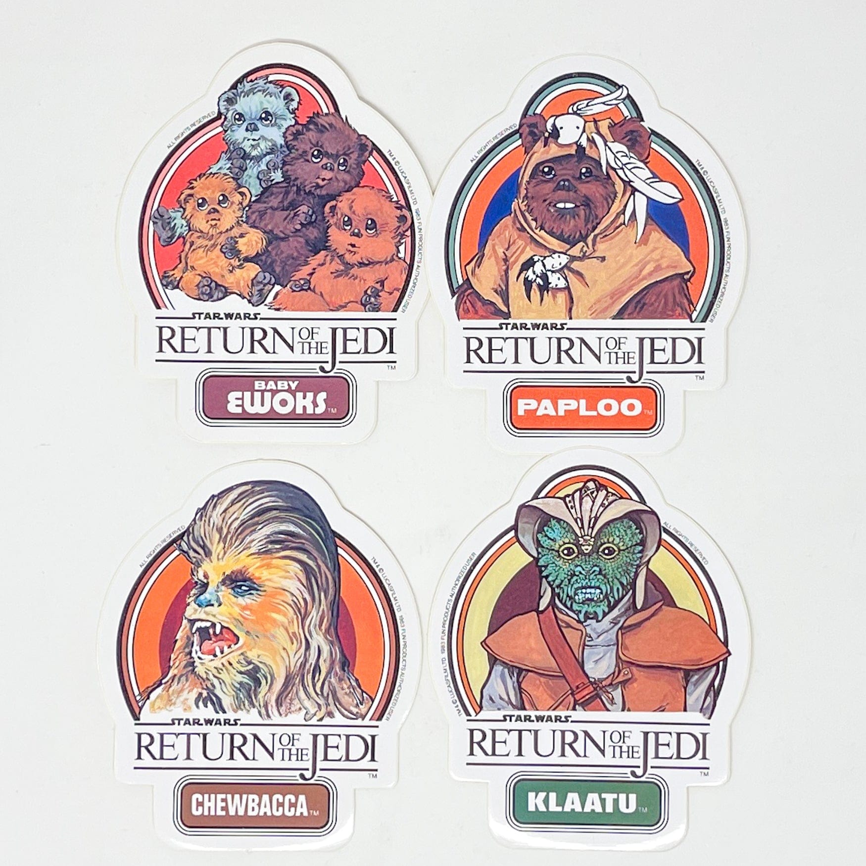 UK ROTJ Stickers - Baby Ewoks, Paploo, Chewbacca & Klaatu – 4th Moon Toys