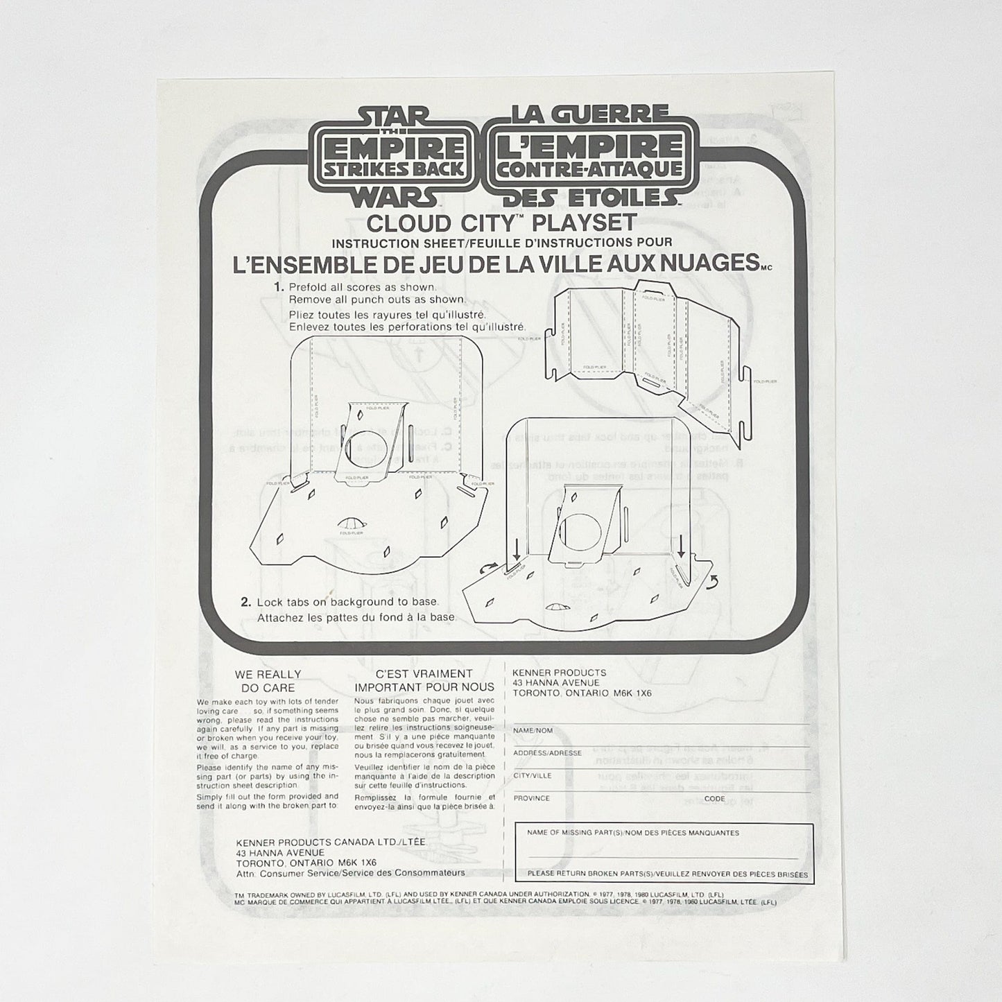 Vintage Kenner Star Wars Paper ESB Cloud City Playset Instructions - Kenner Canada