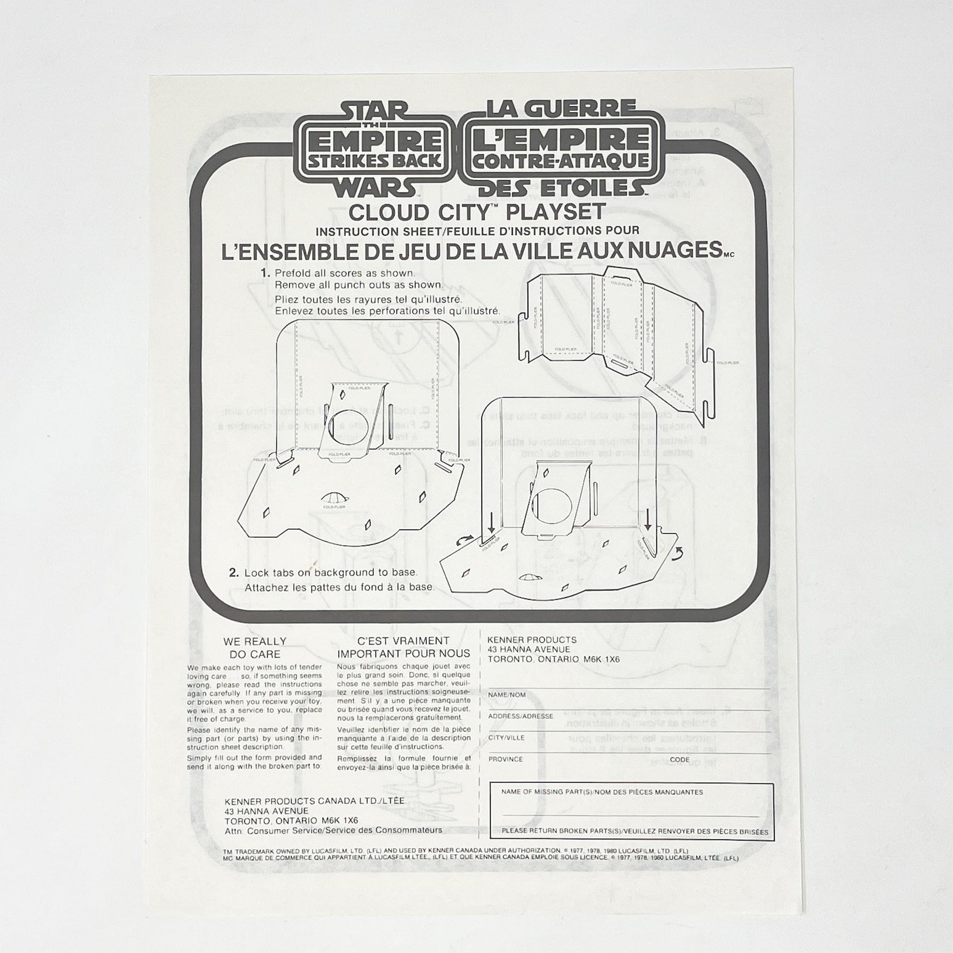 Vintage Kenner Star Wars Paper ESB Cloud City Playset Instructions - Kenner Canada