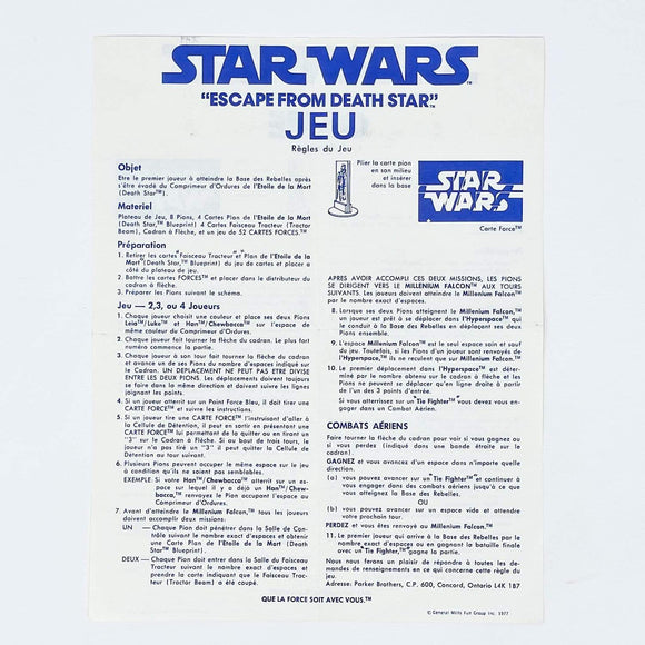 Vintage Kenner Star Wars Paper Star Wars Escape the Death Star Game Instructions - Canadian