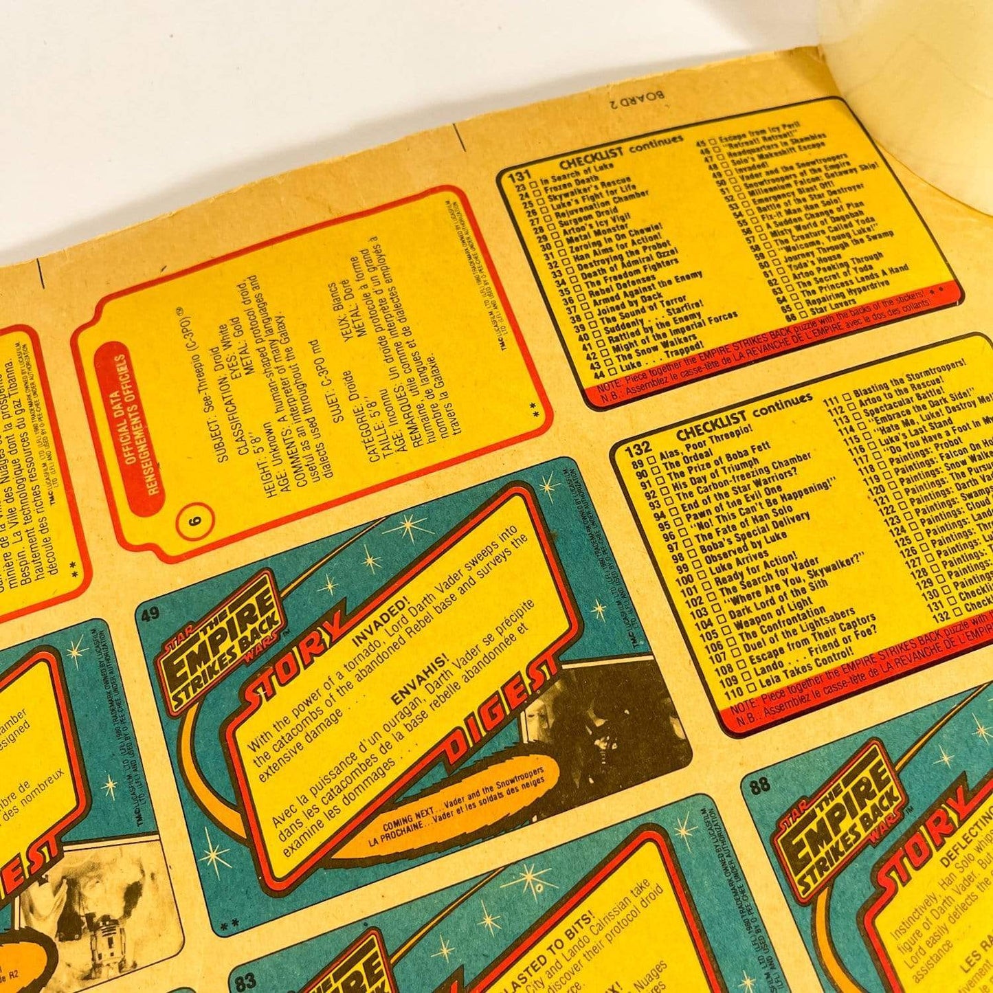 Vintage O-Pee-Chee Star Wars Trading Cards O-Pee-Chee Empire Strikes Back Series 1 - Uncut Sheet