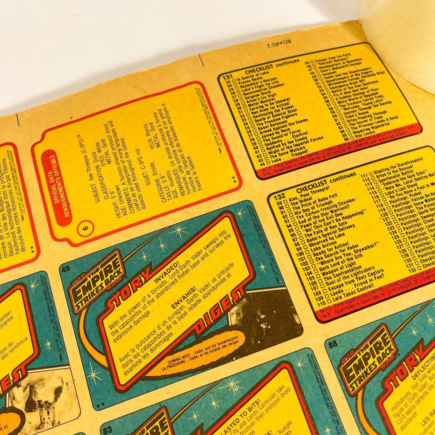 Vintage O-Pee-Chee Star Wars Trading Cards O-Pee-Chee Empire Strikes Back Series 1 - Uncut Sheet